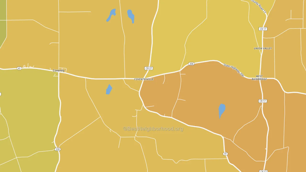 Map of the best neighborhoods in the Coventryville area, with better matches in green and worse matches in red