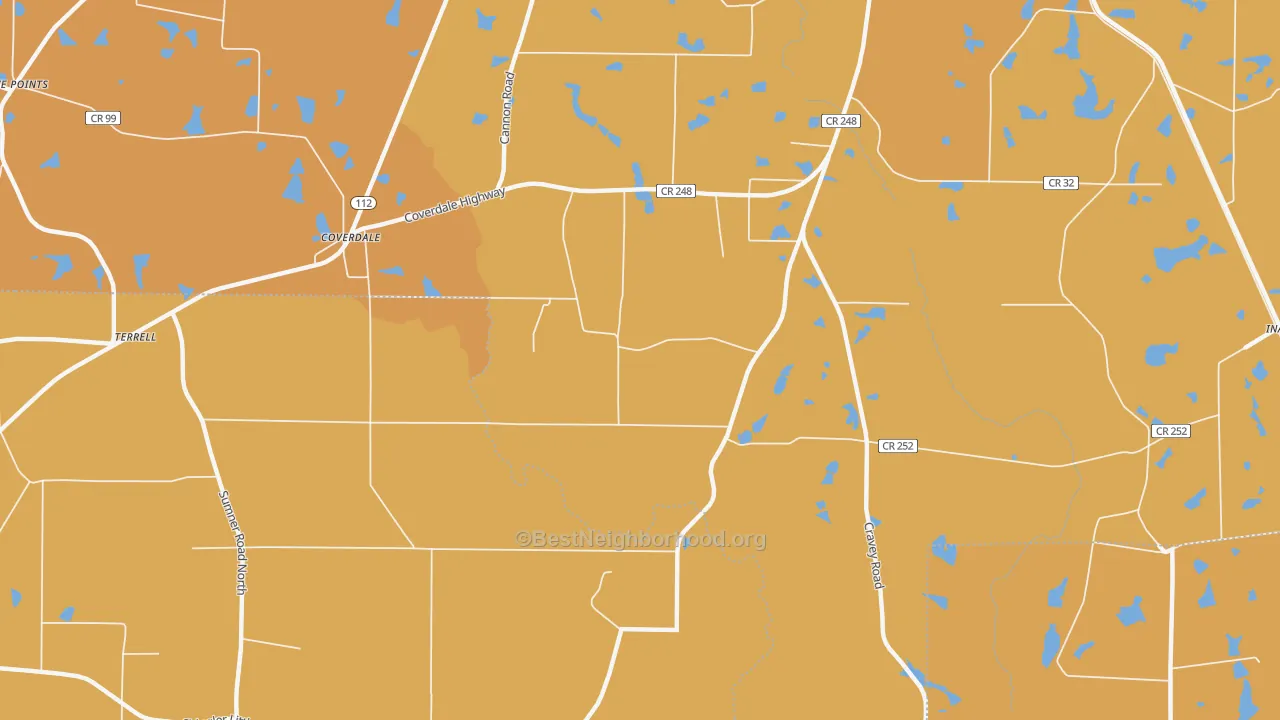 Map of the best neighborhoods in the Coverdale area, with better matches in green and worse matches in red