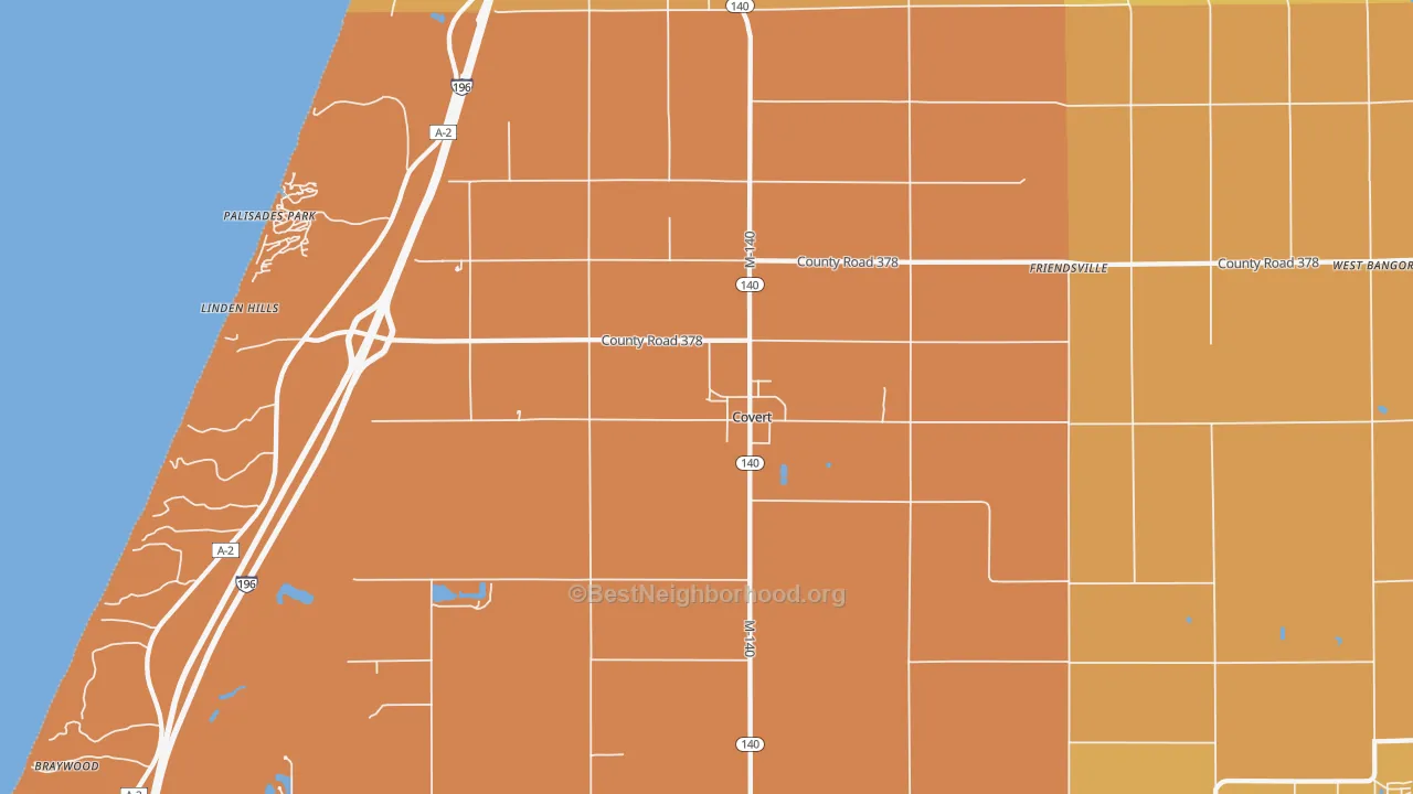 Map of the best neighborhoods in the Covert area, with better matches in green and worse matches in red