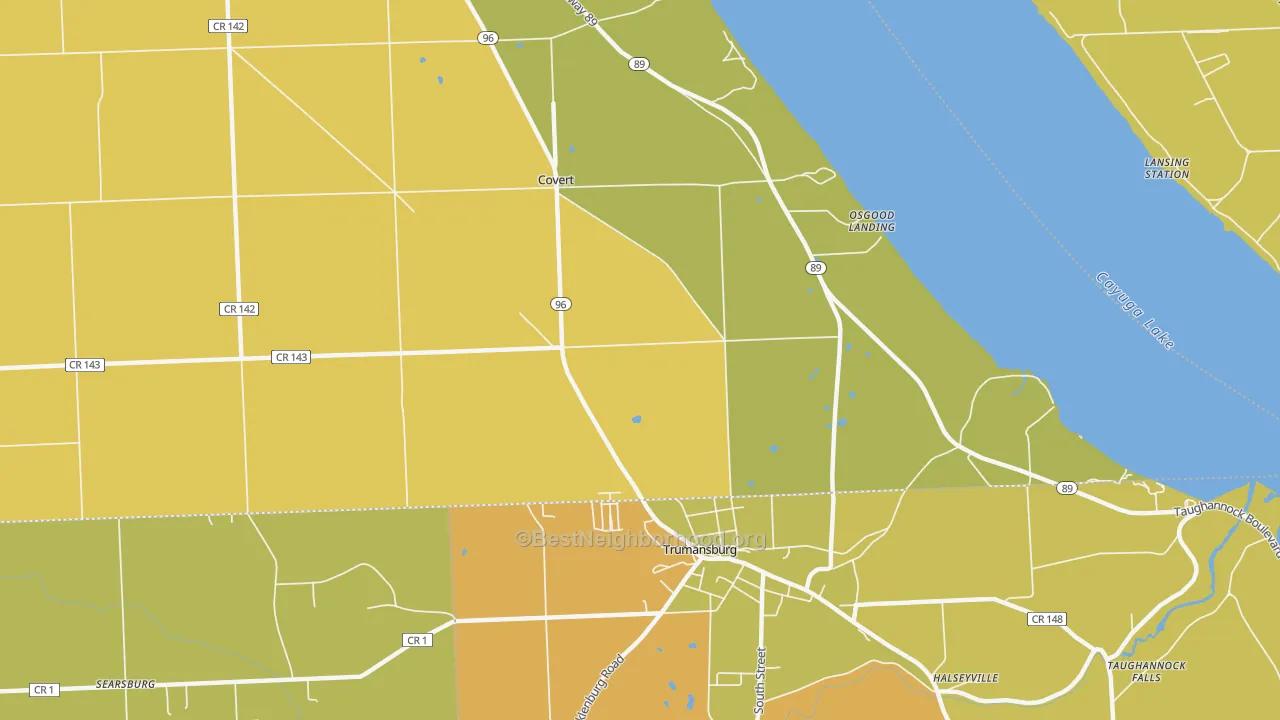 Map of the best neighborhoods in the Covert area, with better matches in green and worse matches in red