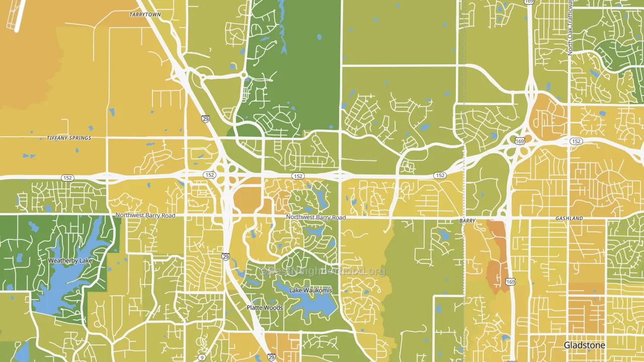 Map of the best neighborhoods in the Coves North, Kansas City area, with better matches in green and worse matches in red