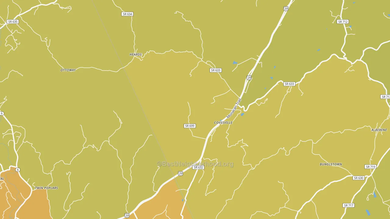 Map of the best neighborhoods in the Covesville area, with better matches in green and worse matches in red