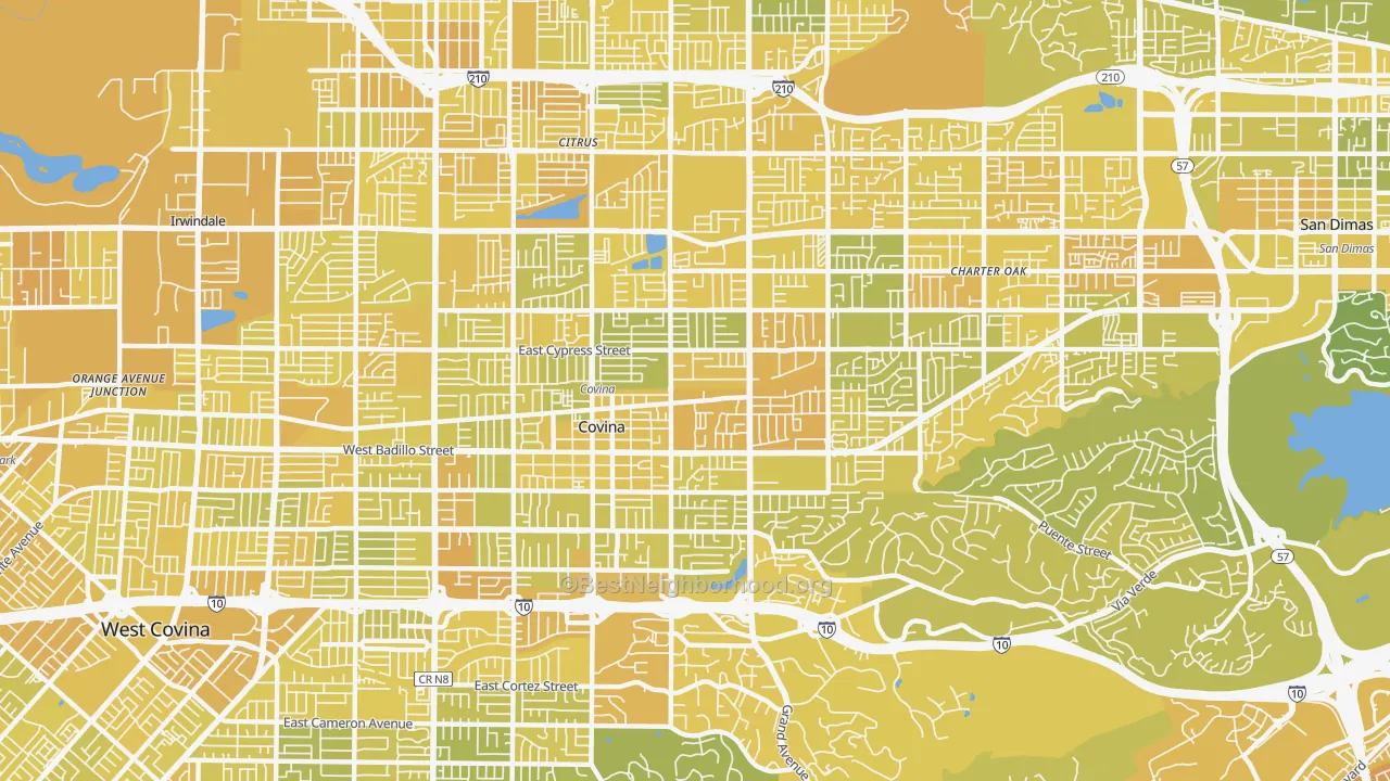 Map of the best neighborhoods in the Covina area, with better matches in green and worse matches in red