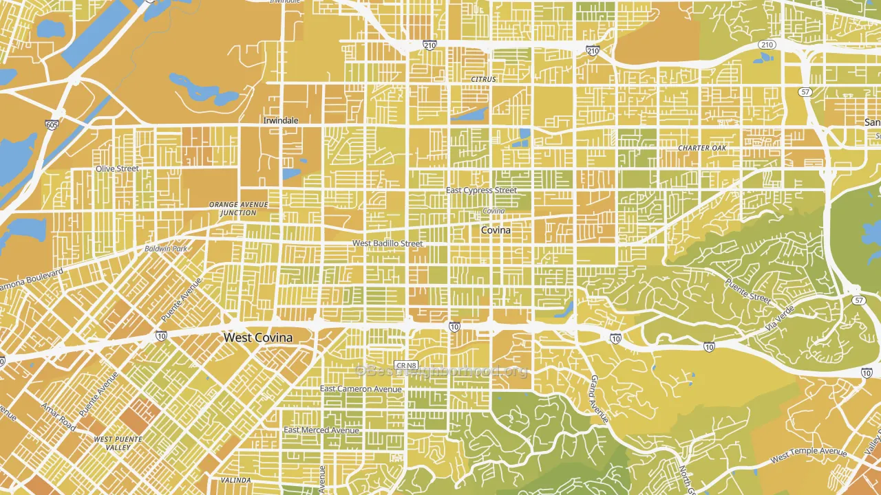 Map of the best neighborhoods in the Covina-Valley, Covina area, with better matches in green and worse matches in red