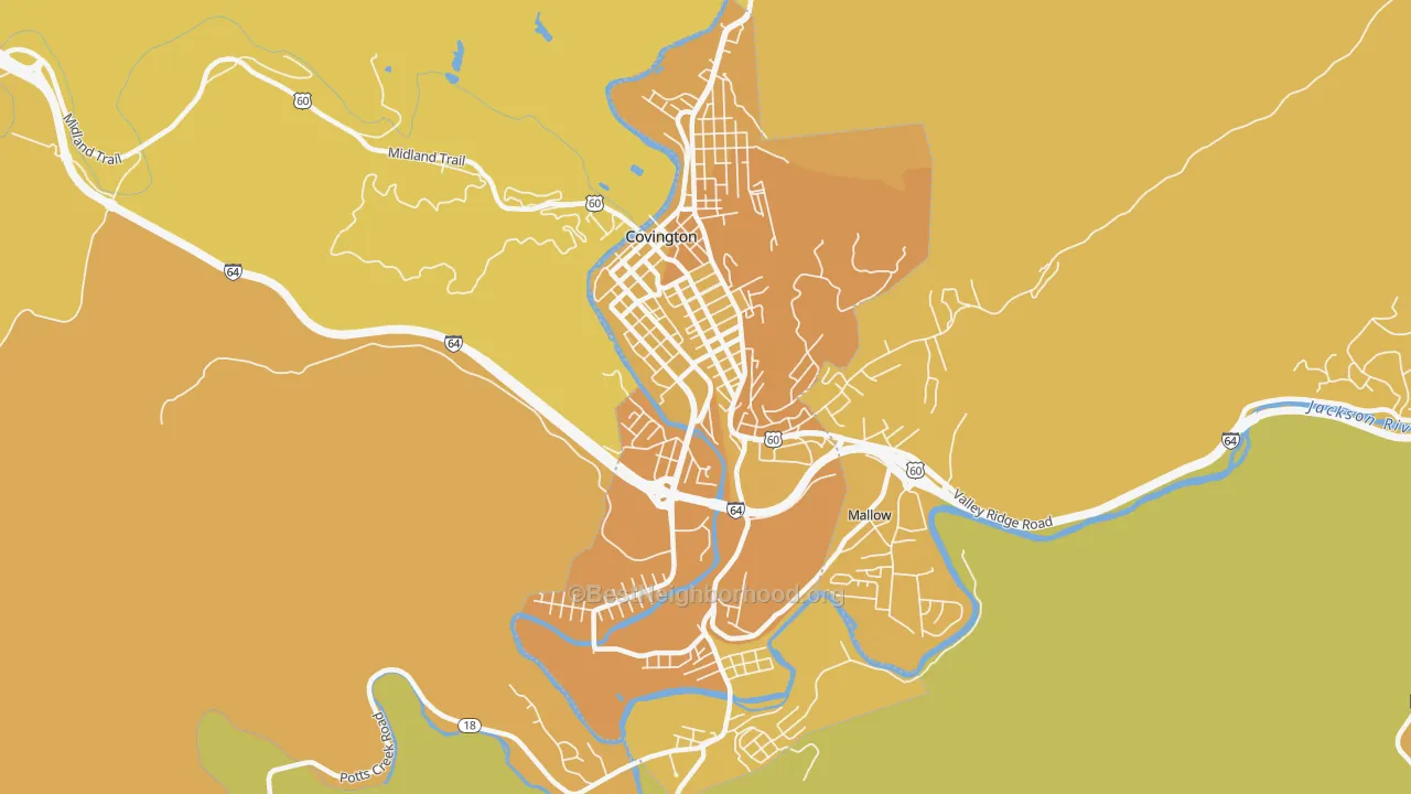 Map of the best neighborhoods in the Covington City area, with better matches in green and worse matches in red