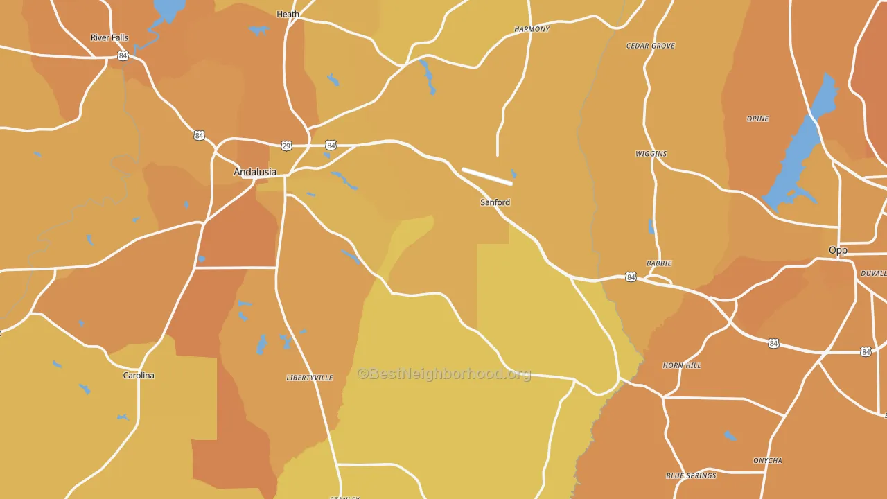 Map of the best neighborhoods in the Covington County area, with better matches in green and worse matches in red