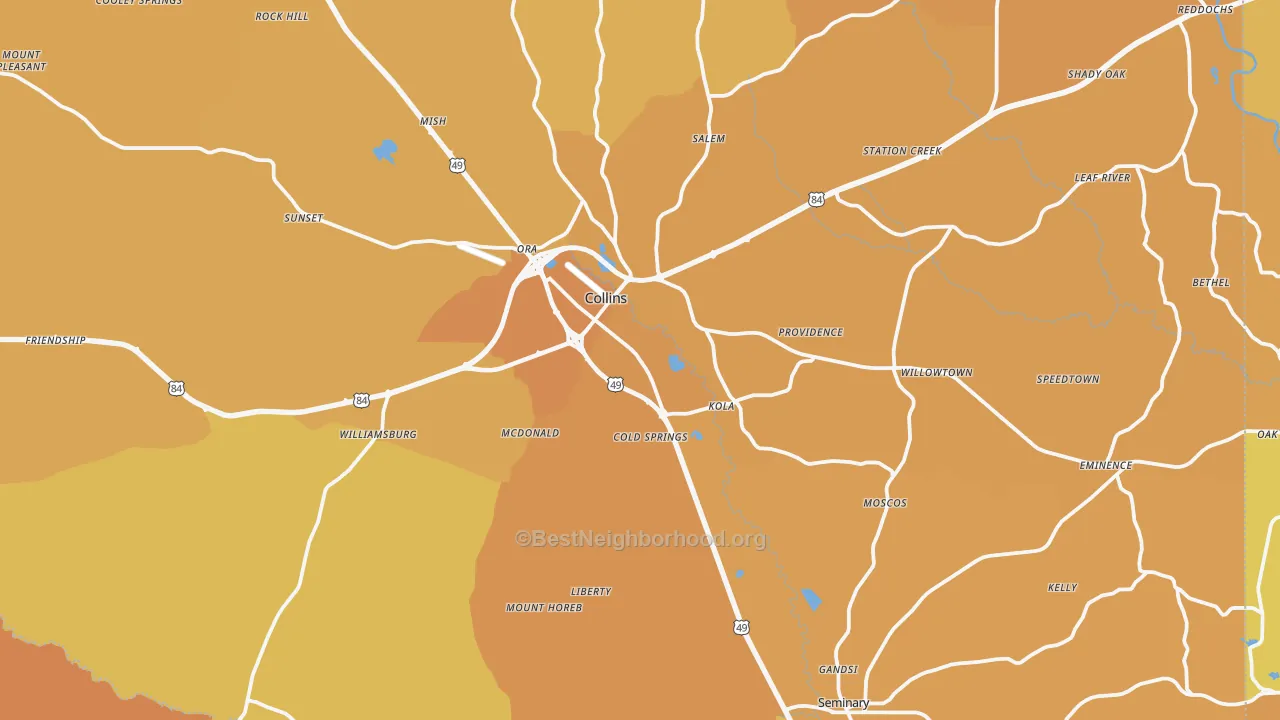 Map of the best neighborhoods in the Covington County area, with better matches in green and worse matches in red
