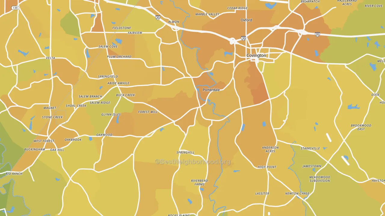 Map of the best neighborhoods in the Covington area, with better matches in green and worse matches in red