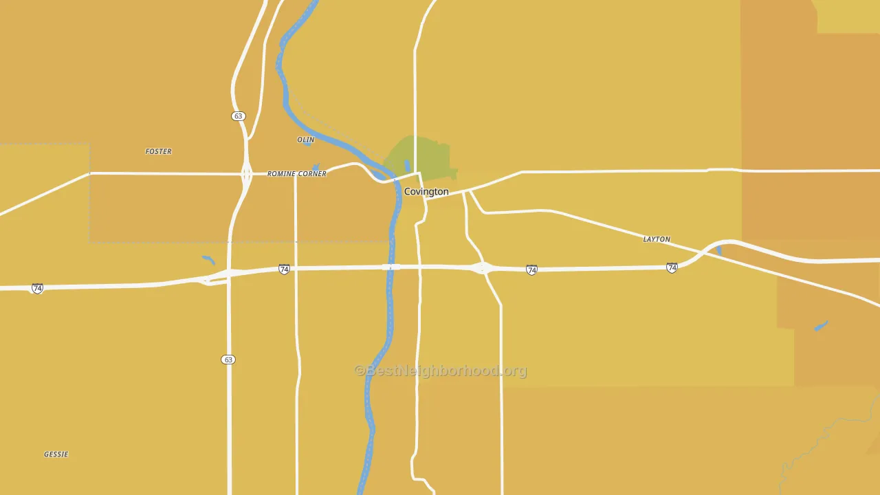 Map of the best neighborhoods in the Covington area, with better matches in green and worse matches in red