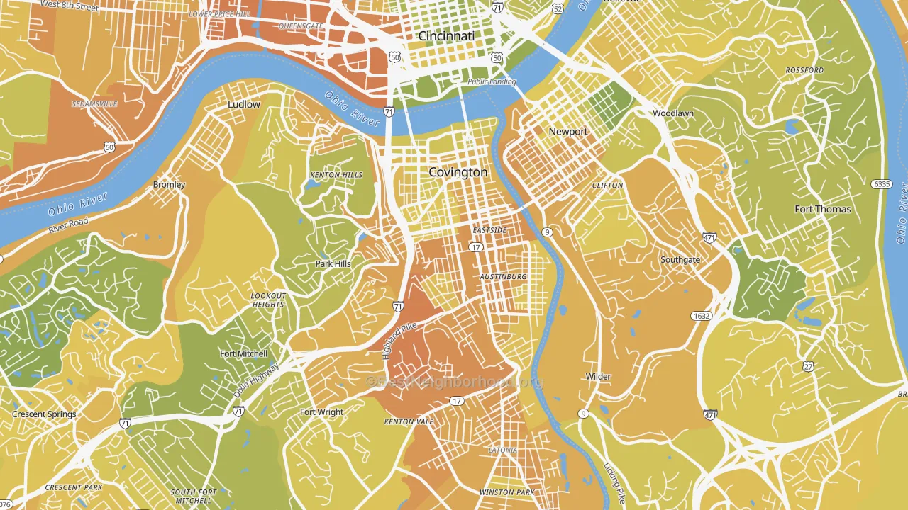 Map of the best neighborhoods in the Covington area, with better matches in green and worse matches in red