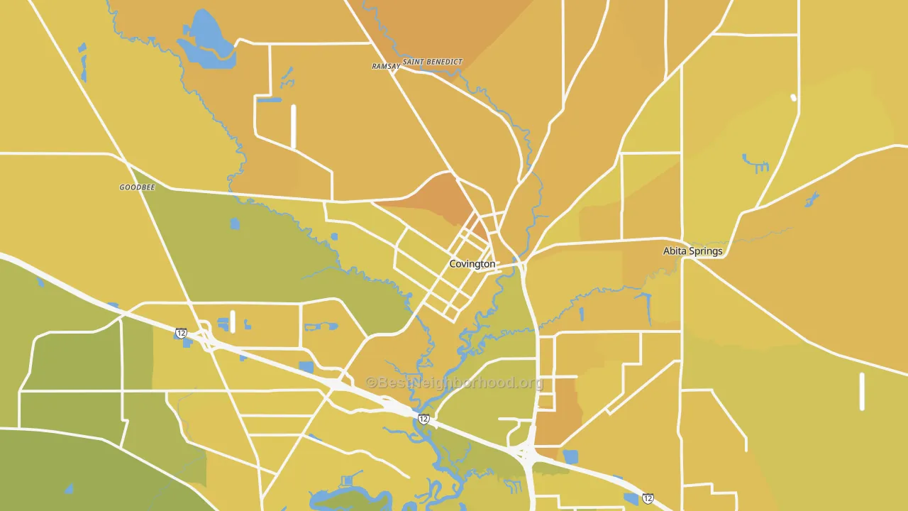 Map of the best neighborhoods in the Covington area, with better matches in green and worse matches in red