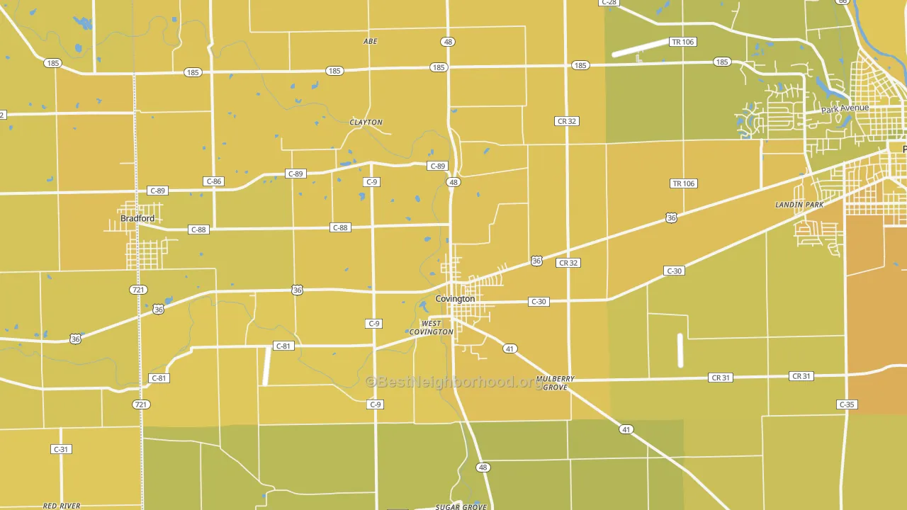 Map of the best neighborhoods in the Covington area, with better matches in green and worse matches in red