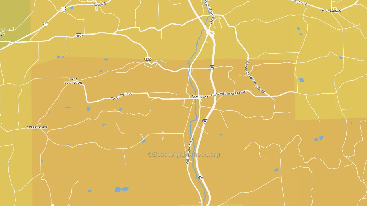Map of the best neighborhoods in the Covington area, with better matches in green and worse matches in red