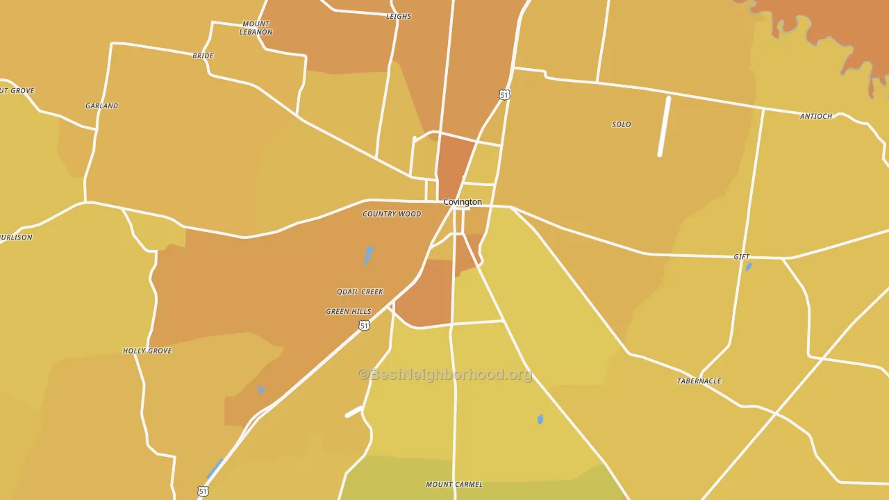 Map of the best neighborhoods in the Covington area, with better matches in green and worse matches in red