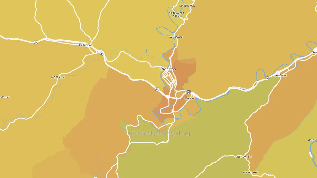 Map of the best neighborhoods in the Covington area, with better matches in green and worse matches in red