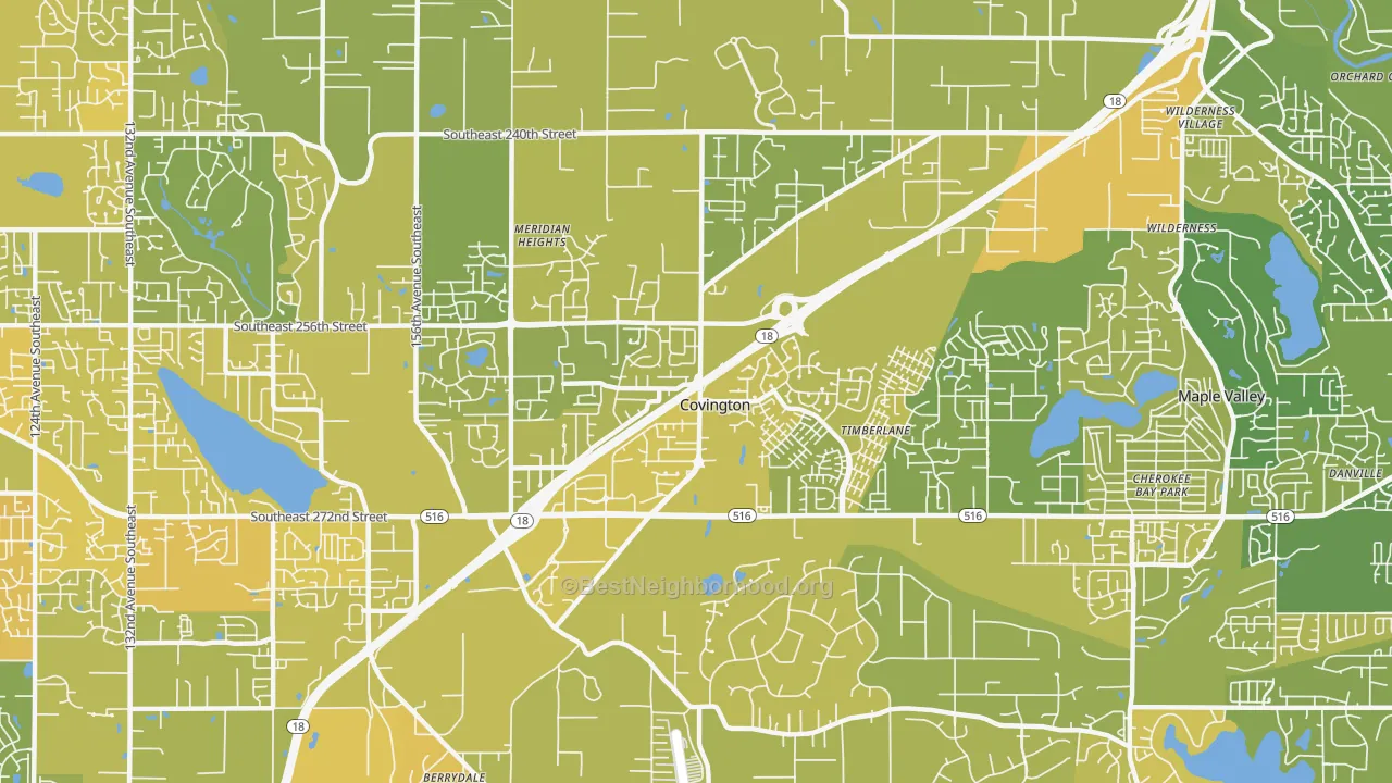 Map of the best neighborhoods in the Covington area, with better matches in green and worse matches in red