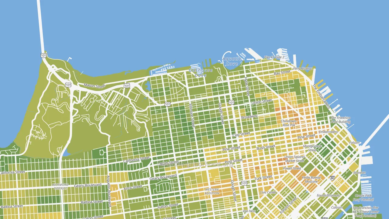 Map of the best neighborhoods in the Cow Hollow, San Francisco area, with better matches in green and worse matches in red