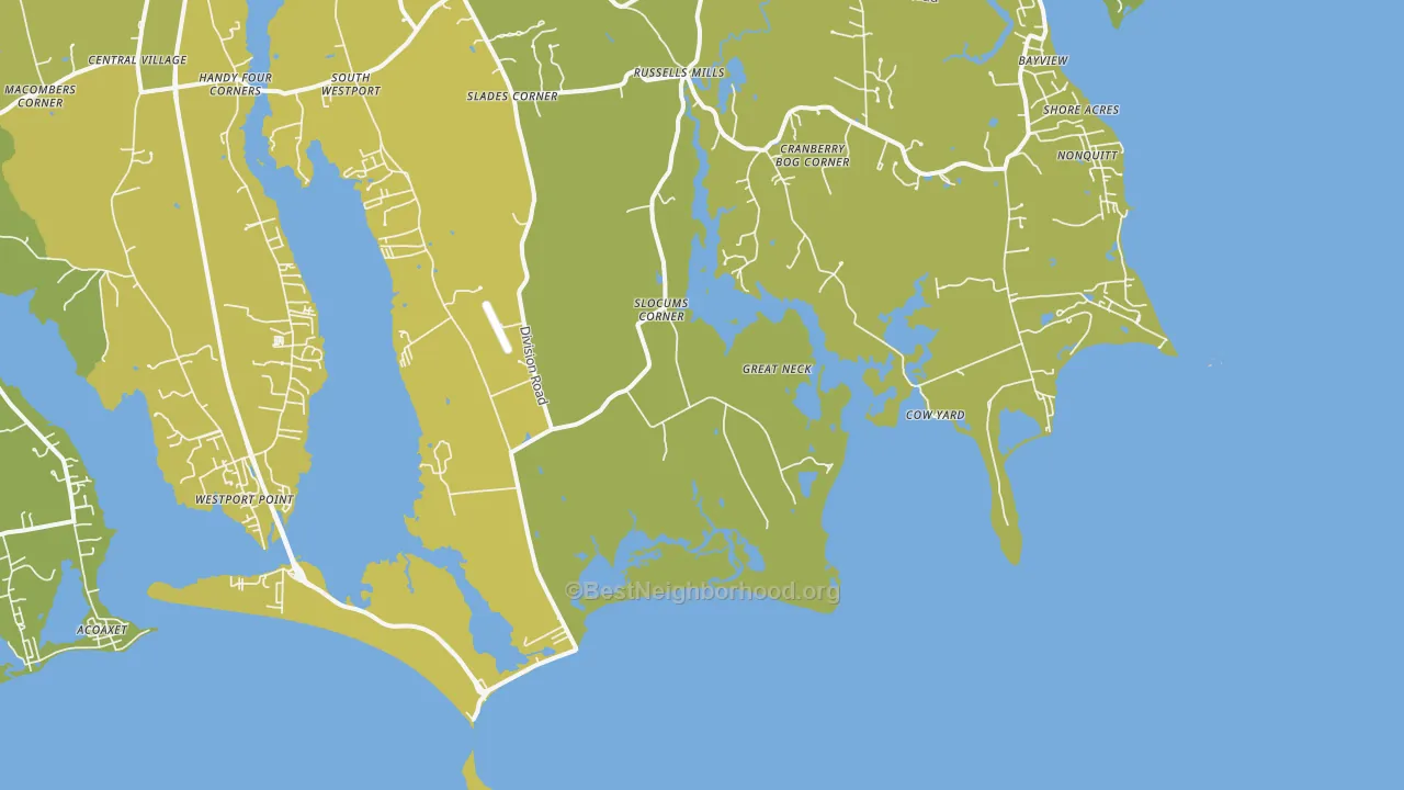 Map of the best neighborhoods in the Cow Yard area, with better matches in green and worse matches in red