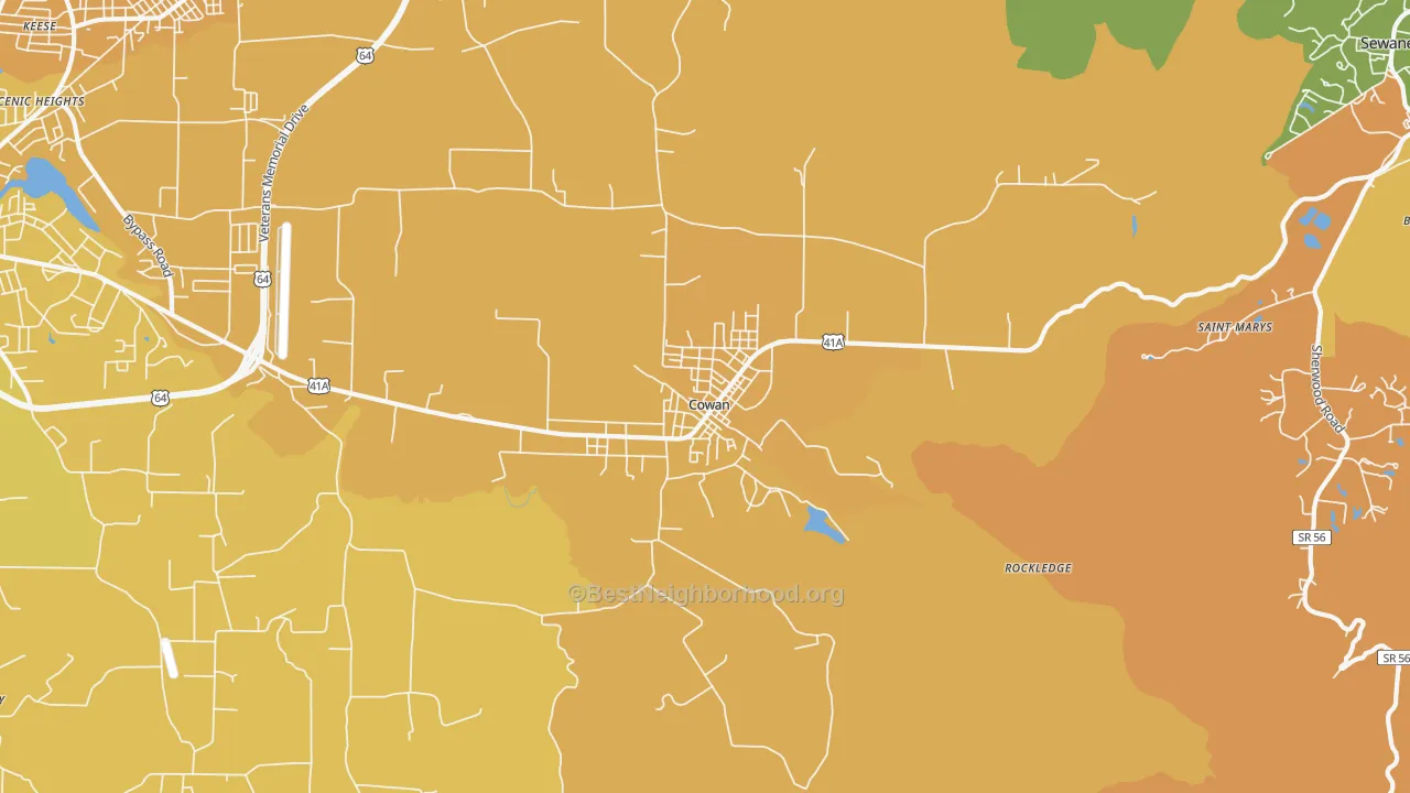 Map of the best neighborhoods in the Cowan area, with better matches in green and worse matches in red