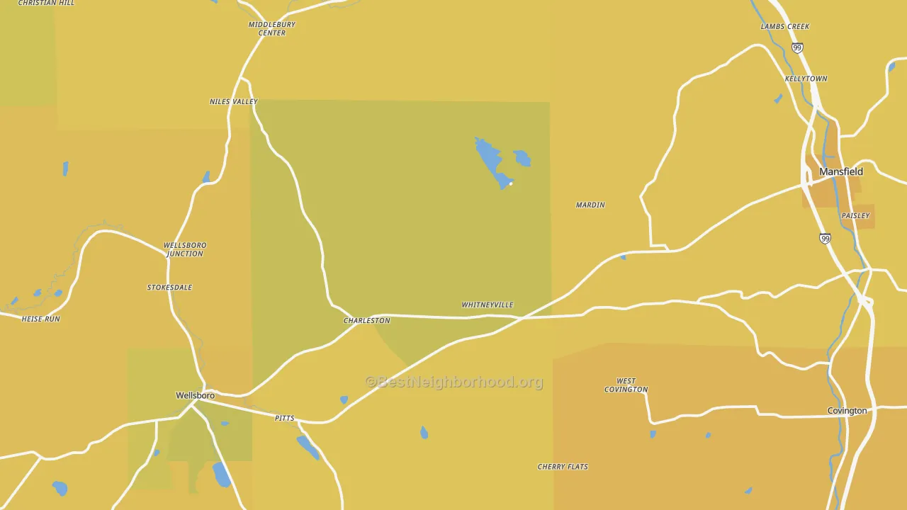 Map of the best neighborhoods in the Cowanesque area, with better matches in green and worse matches in red
