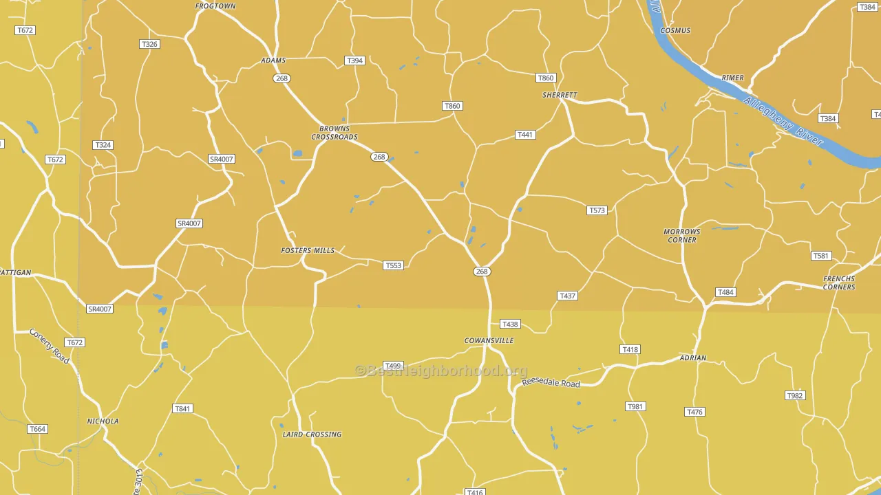 Map of the best neighborhoods in the Cowansville area, with better matches in green and worse matches in red