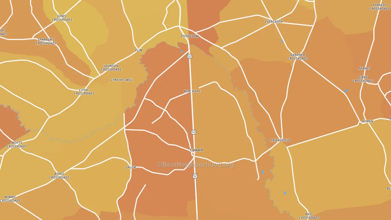 Map of the best neighborhoods in the Coward area, with better matches in green and worse matches in red