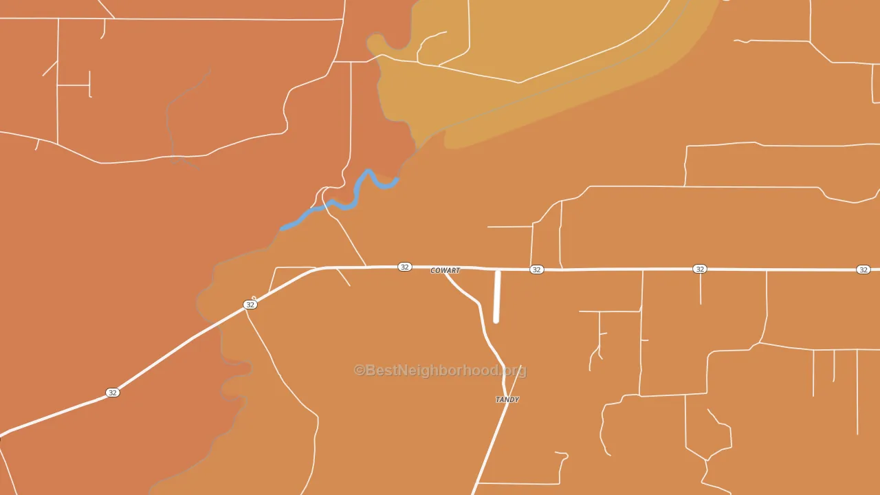 Map of the best neighborhoods in the Cowart area, with better matches in green and worse matches in red