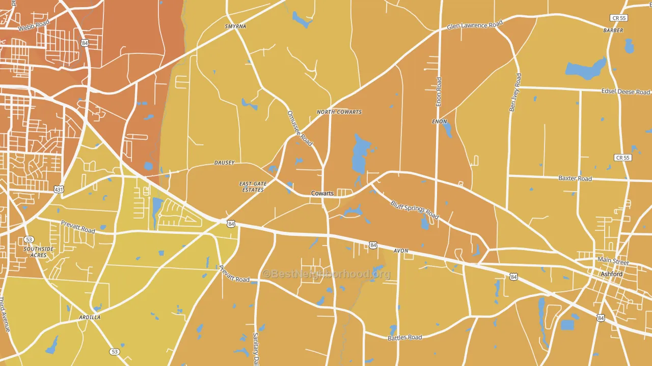 Map of the best neighborhoods in the Cowarts area, with better matches in green and worse matches in red