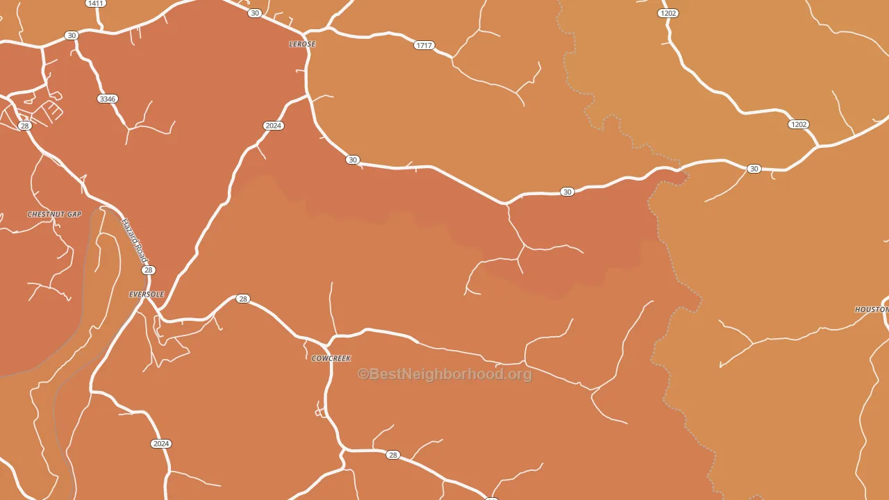Map of the best neighborhoods in the Cowcreek area, with better matches in green and worse matches in red