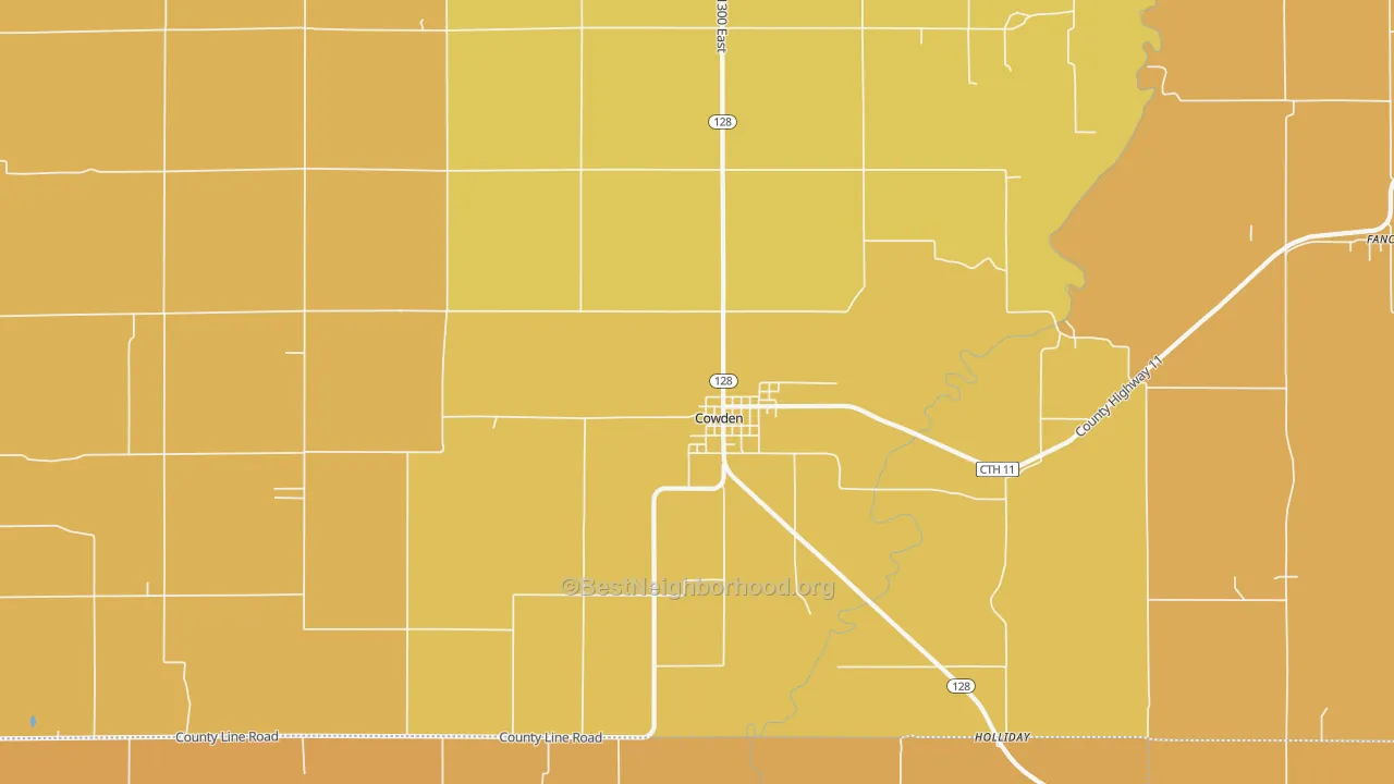 Map of the best neighborhoods in the Cowden area, with better matches in green and worse matches in red