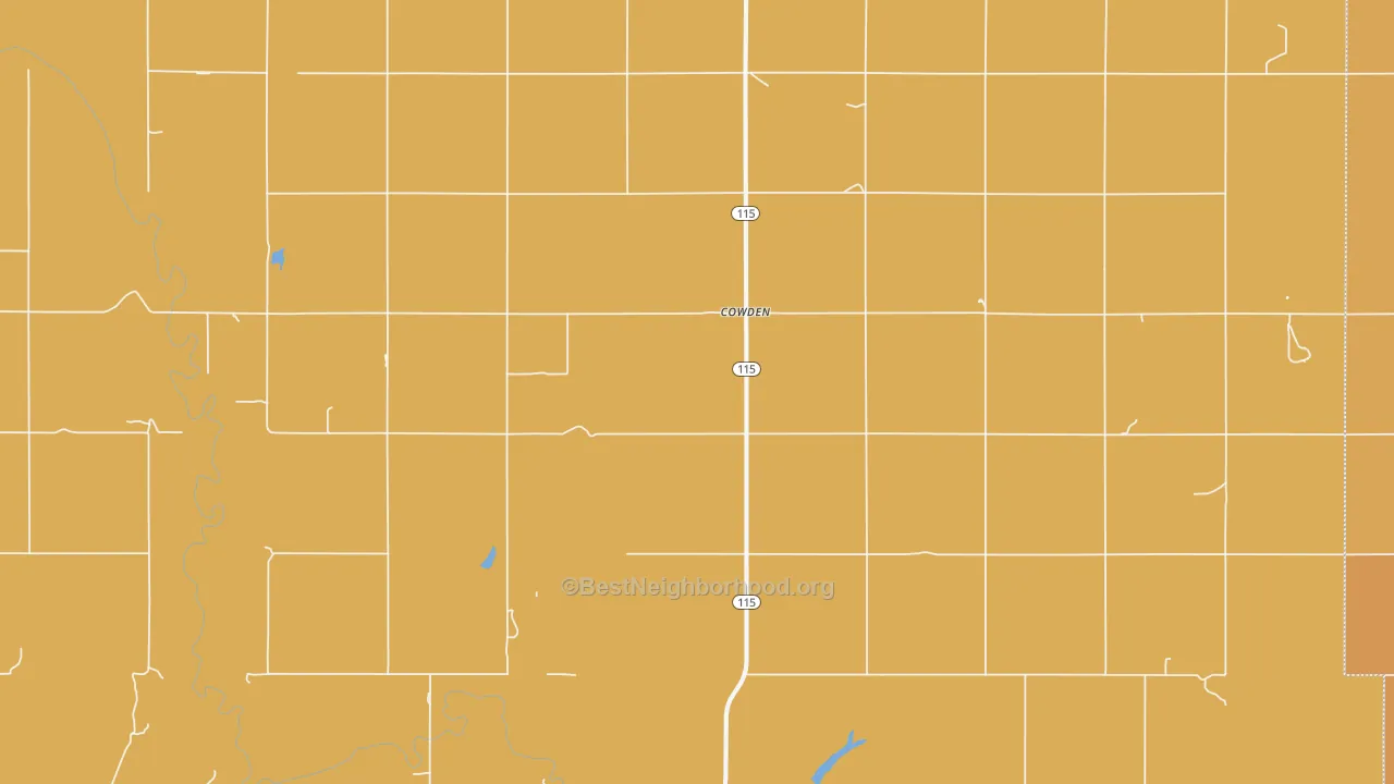 Map of the best neighborhoods in the Cowden area, with better matches in green and worse matches in red