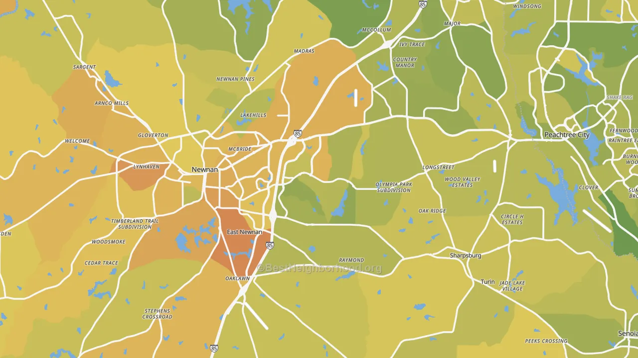 Map of the best neighborhoods in the Coweta County area, with better matches in green and worse matches in red