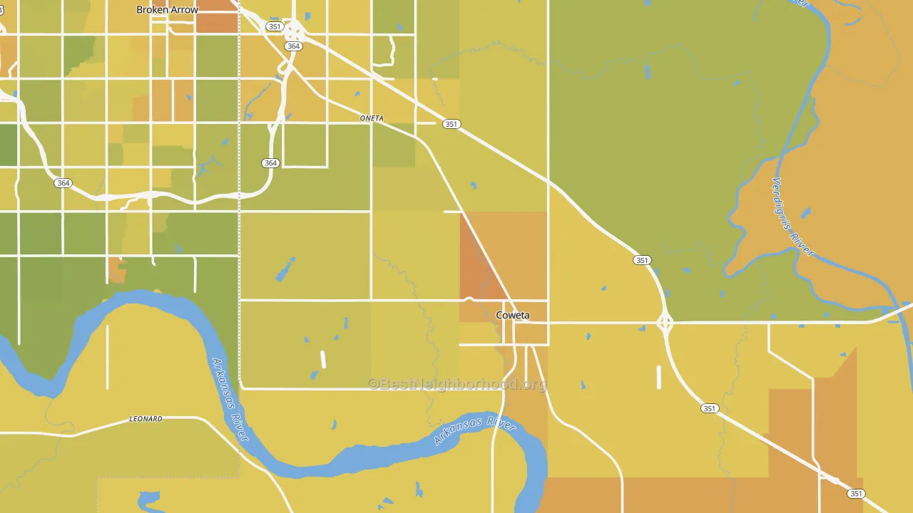 Map of the best neighborhoods in the Coweta area, with better matches in green and worse matches in red