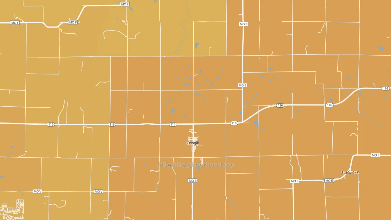 Map of the best neighborhoods in the Cowgill area, with better matches in green and worse matches in red