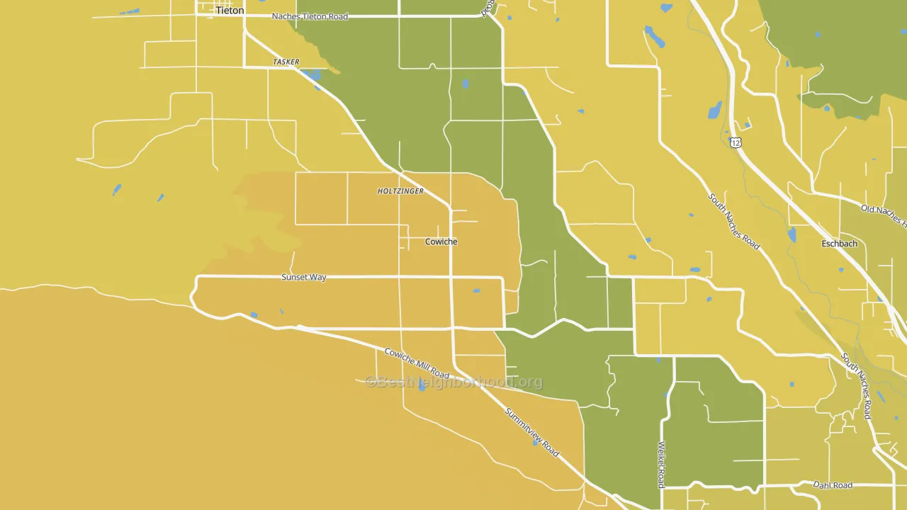 Map of the best neighborhoods in the Cowiche area, with better matches in green and worse matches in red