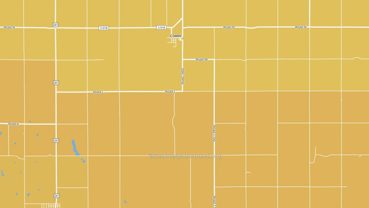 Map of the best neighborhoods in the Cowles area, with better matches in green and worse matches in red