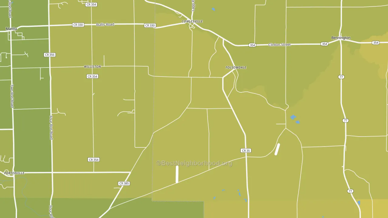 Map of the best neighborhoods in the Cowlesville area, with better matches in green and worse matches in red