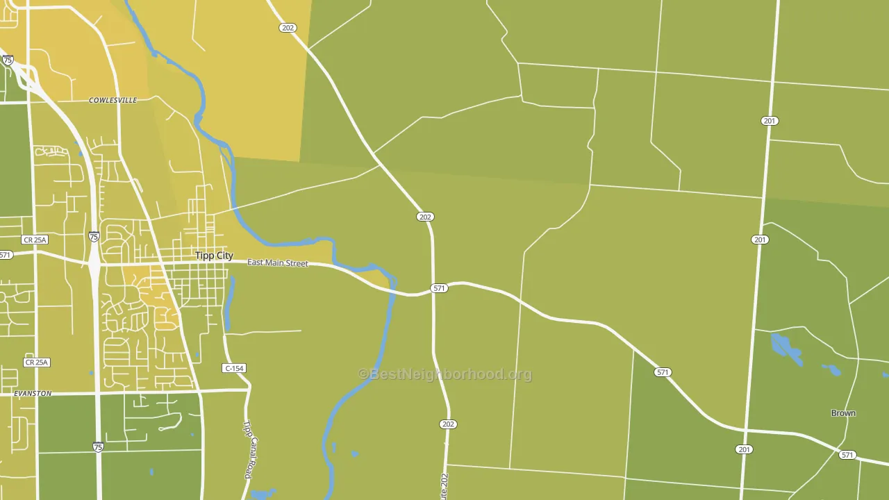 Map of the best neighborhoods in the Cowlesville area, with better matches in green and worse matches in red