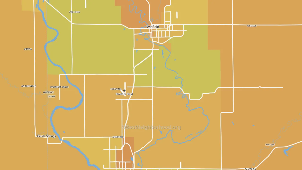 Map of the best neighborhoods in the Cowley County area, with better matches in green and worse matches in red