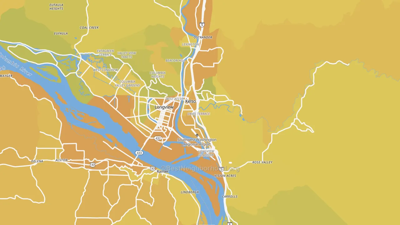 Map of the best neighborhoods in the Cowlitz County area, with better matches in green and worse matches in red