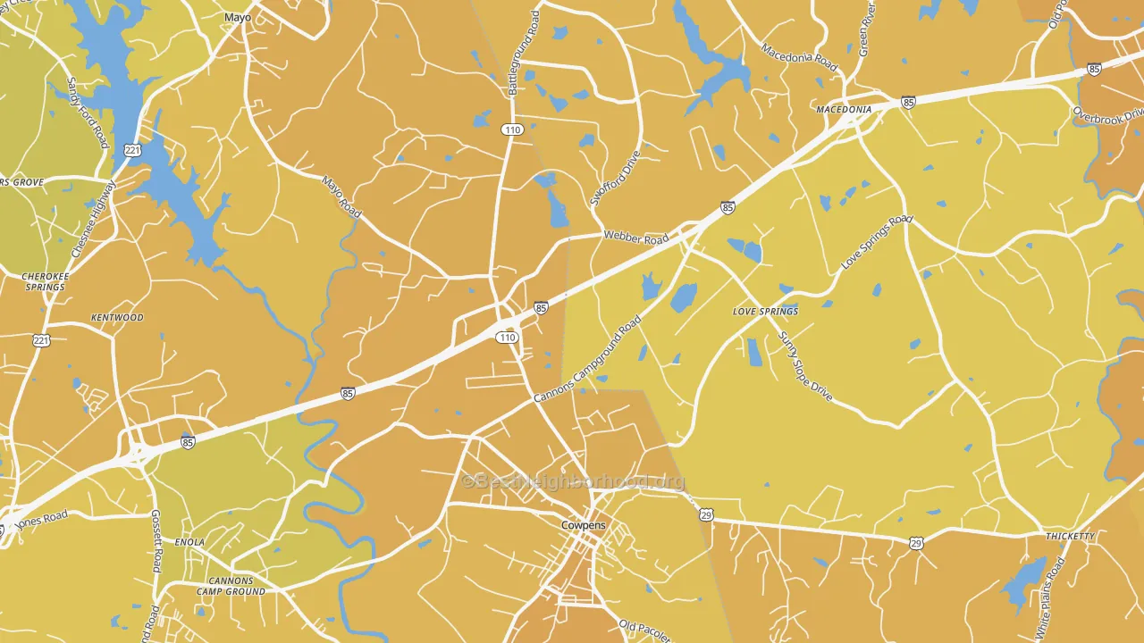 Map of the best neighborhoods in the Cowpens area, with better matches in green and worse matches in red