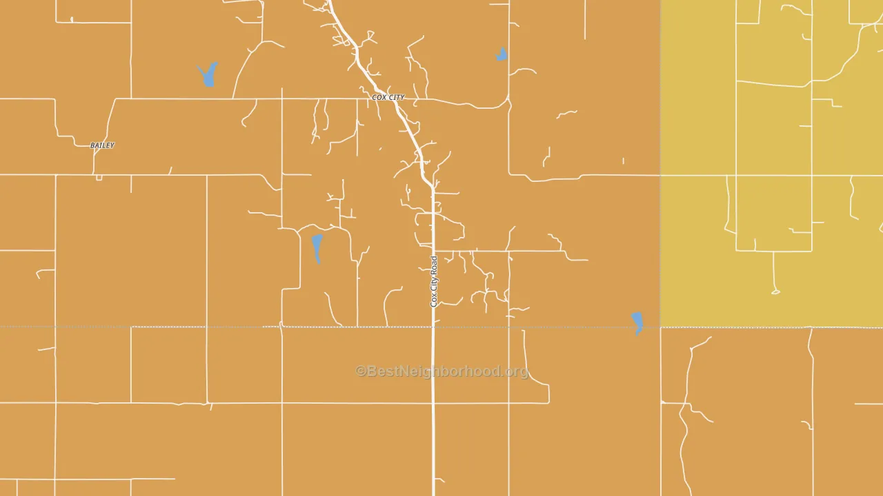 Map of the best neighborhoods in the Cox City area, with better matches in green and worse matches in red