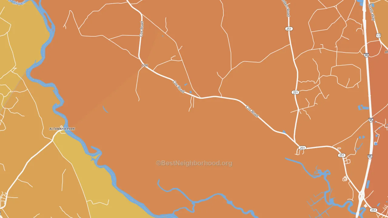 Map of the best neighborhoods in the Cox area, with better matches in green and worse matches in red