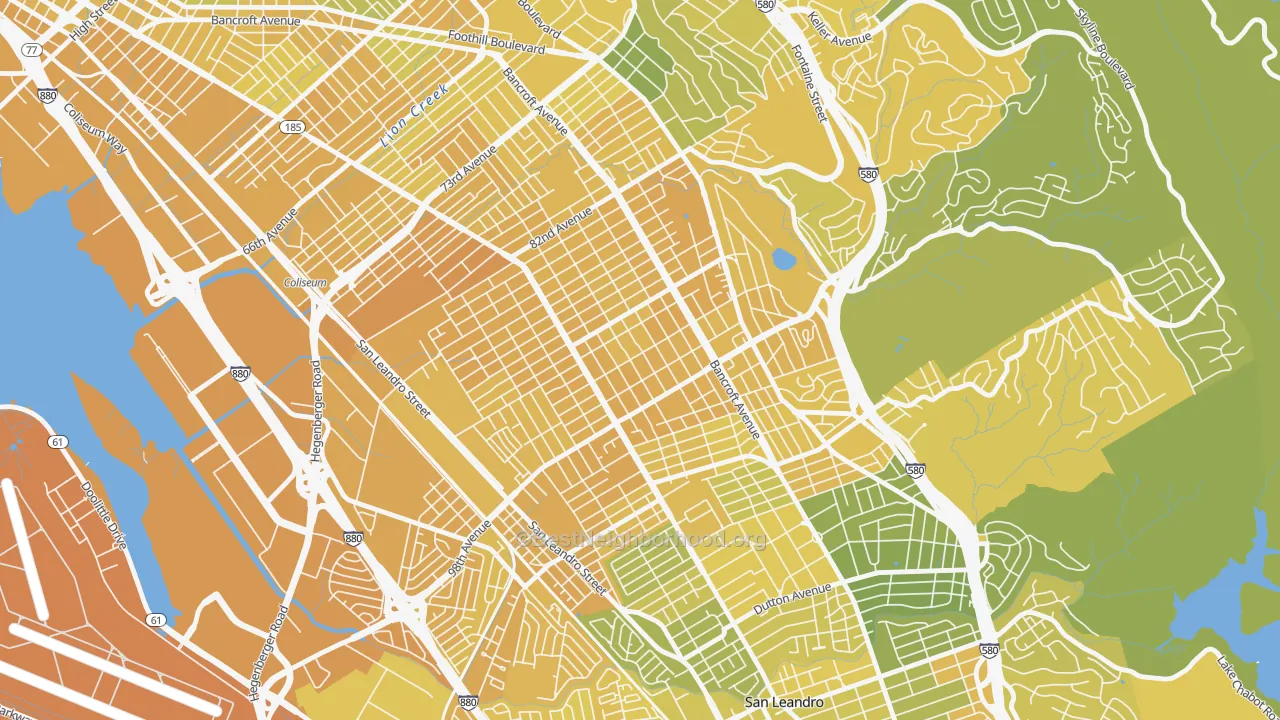 Map of the best neighborhoods in the Cox, Oakland area, with better matches in green and worse matches in red