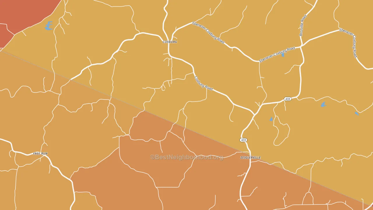 Map of the best neighborhoods in the Coxburg area, with better matches in green and worse matches in red