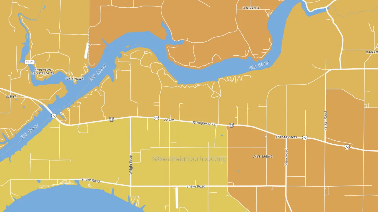 Map of the best neighborhoods in the Coxey area, with better matches in green and worse matches in red