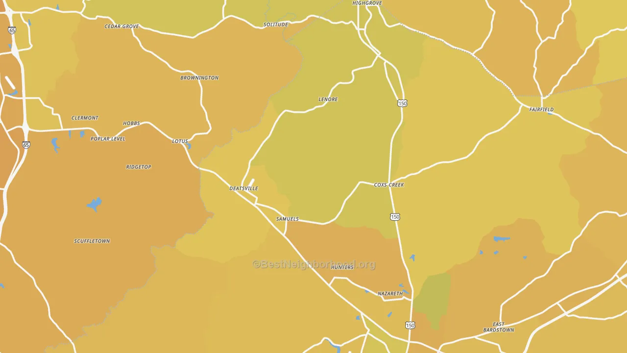 Map of the best neighborhoods in the Coxs Creek area, with better matches in green and worse matches in red