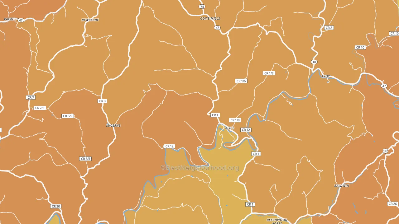 Map of the best neighborhoods in the Coxs Mills area, with better matches in green and worse matches in red