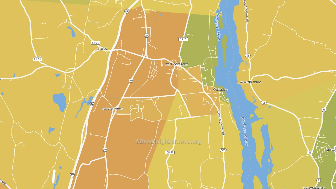 Map of the best neighborhoods in the Coxsackie area, with better matches in green and worse matches in red