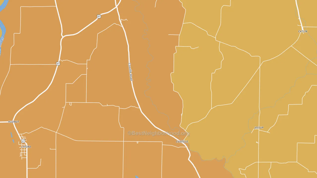 Map of the best neighborhoods in the Coxville area, with better matches in green and worse matches in red